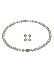 7-8mm White Freshwater Pearl and Diamond Necklace and Dangle Earring Set in Sterling Silver in Gift Box