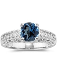 0.57 Cts Diamond & 1.47 Cts London Blue Topaz Ring in 14K White Gold