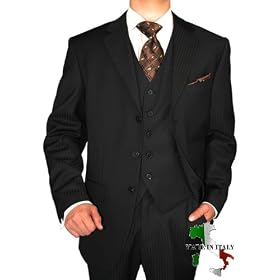 Gino Valentino Vested Mens Suit Made in Italy Australian Worsted Merino Wool / Silk 150's Canvas Front Jacket + Flat Front Pants + Vest 3 Button 3pc Three Button Business Suit Black Faint Shadow Stripe
