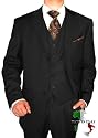 Gino Valentino Vested Mens Suit Made in Italy Australian Worsted Merino Wool / Silk 150's Canvas Front Jacket + Flat Front Pants + Vest 3 Button 3pc Three Button Business Suit Black Faint Shadow Stripe
