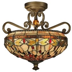Dale Tiffany TH10099 Dragonfly Semi-Flush Mount Light Antique Golden Sand and Art Glass Shade