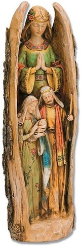 Faux Wood Carved Angel with Holi Family. With Bark Sty Accents, 16 1/2'' H