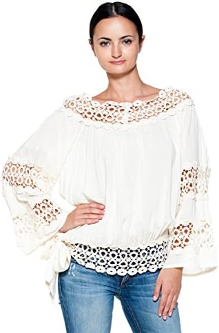 Women's Crocheted Boat Neck Bohemian Vintage Inspired Wide Sleeve Peasant Blouse (Large, White)