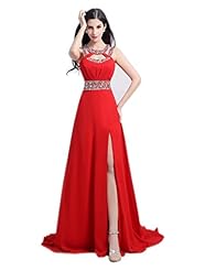 Floor Length Chiffon Sleeveless Beaded Keyhole Sequined Slit Prom Dress/Party Dress 