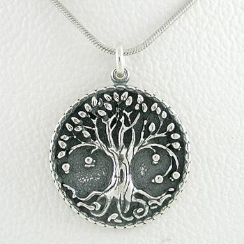 Sterling Silver Round Tree of Life Pendant on 18 inch Rhodium Snake Chain