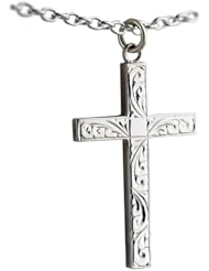 British Jewellery Workshops Silver 45x25mm hand engraved block Cross with Cable link chain