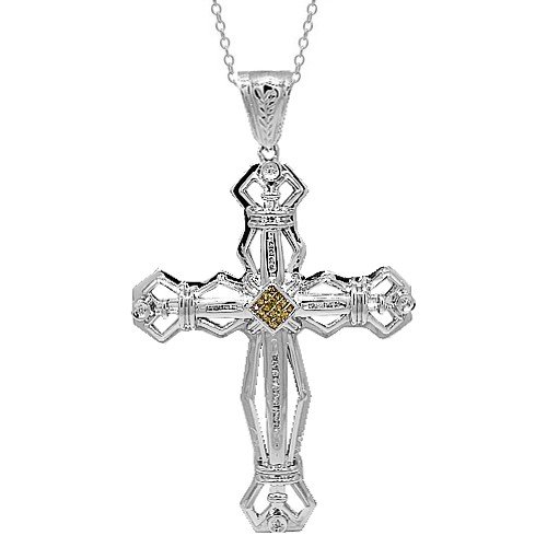 14K White Gold Mens Diamond Cross Pendant with Yellow Diamonds 1.30 Ctw