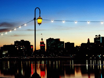 Lake Merritt with Lights at Sunset with City in Background