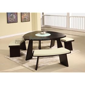 Modern Furniture Triangular Dining Table with a Swivel Mid-Glass and 3 Beige Leather Match Benches by ModernLineFurniture