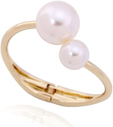 Gold Tone Metal Twin Simulated Pearls Cute Cuff Bangles Bracelets for Women 2 Colors (White)
