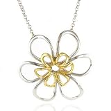 14K Gold 2-Tone Flower Pendant with 17 Rolo Link Necklace
