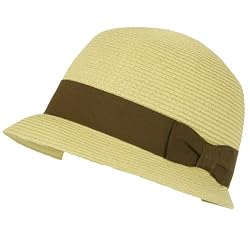 Cloche Bucket Bell Summer Sun Beach Bow Hat Natural with Brown Hatband