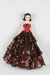Burgundy Gown Covered in Sequins with a Fur Boa Made to Fit the Barbie Doll
