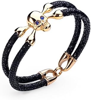 Jafune Classic Black Stingray Leather Bracelet Rose Gold Skull 7.5"