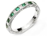 Princes Shape Diamond Alternating with Square Shape Emerald Channel Set Half Circle Wedding or Anniversary Band, Hand Engraved, 18k White Gold, Ring Size 6.25 (T.w 0.80)