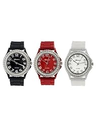 Geneva Platinum Silicone Band CZ Watch Set (Black, White, Red)