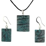 Blue Laugna Lace Agate Rectangle Pendant and Earring Set - Pendant (17x22mm), Earrings (14x19mm) - Adjustable Cord Necklace