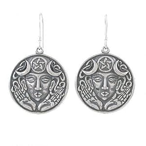 Round Triple Moon Goddess Blessing Dangle Earrings in Sterling Silver, #8072