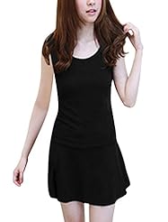 Cotton/Polyester Scoop Neck Two-Toned Stretchy Summer Sleeveless Mini Dress 
