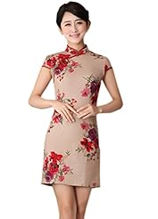 Mandarin Collar Cotton/Linen Floral Print Mini Dress 