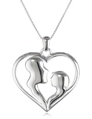 Sterling Silver Open Heart with Silhouette of A Mother and A Baby Pendant Necklace, 18"