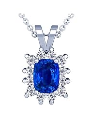 18K White Gold Cushion Cut Blue Sapphire And Round Diamond Pendant