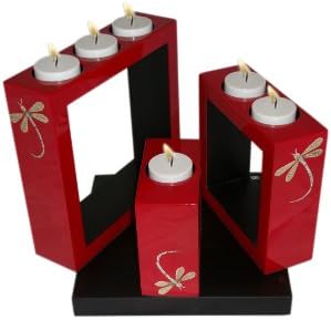 NACRE FASHION Eggshell Dragonflies on red - Set of Decorative Wooden Lacquer Square shapped Tea-Light candleholders