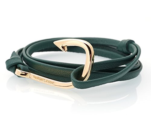 VIRGINSTONE Golden Plated Fish Hook Alloy Bracelets on Colorful Leather (Army Green)