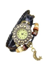 Watch: Black Color Women Ladies Moon and Stars Pendant Weave Leather Belt Bracelet Watch - Elite Charm