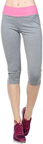 Wiffwaff Women's Color Block Mesh Hem Capris Yoga Pants (Medium, Heather Gray/Pink)