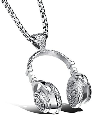 Men Stainless Steel Earphone Pendant Rolo Chain Necklace, Silver/Gold/Balck (Silver)