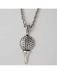Large Golf Ball on Tee Necklace Sterling Silver on 20 Inch Stainless Steel Flat Link Chain