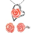 Red Coral Rose Heart Shaped Silver Platinum Overlay CAREFREE Sterling Silver Pendant Necklace and Stud Earrings Set