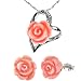 Red Coral Rose Heart Shaped Silver Platinum Overlay CAREFREE Sterling Silver Pendant Necklace and Stud Earrings Set