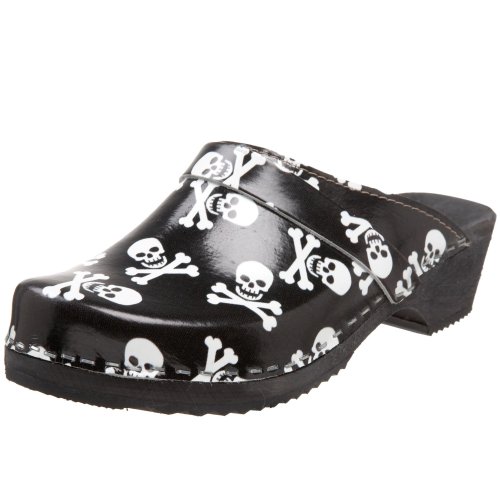 Cape Clogs Women's Skulls Wooden Swedish Clog,Black/White,7.5 M US
