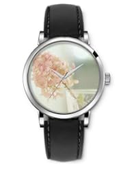 SPRAWL Aanalog Fashion Series Silver Ladies Watches of Genuine Black Leather Strap,Unique Wrist Watch for Women Girls Designed with Branch of pink flower