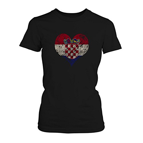 EM 2016 I Love Croatia – Damen T-Shirt von Fashionalarm | Shirt für Fußball Fans | Print im Vintage Destroyed Used Look | Europameisterschaft Europameister Trikot Herz Kroatien, Farbe:schwarz;Größe:S
