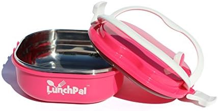 LunchPal Lunch Box Square Shape-Pink Leak Proof Food Storage Container with Stainless Steel Interior and Vacuum Seal Lid with attached Handles(1 layer)