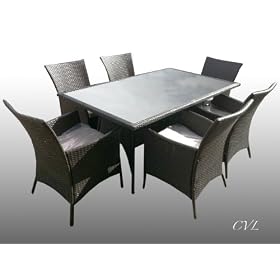 NEW RATTAN, WICKER & GLASS TOP GARDEN PATIO TABLE & 6 ARMCHAIRS