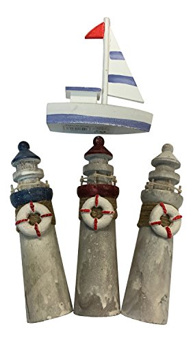 Nautical Decor Gift Set Includes 3 Wooden 6" Lighthouses Decor and Wooden Sailboat