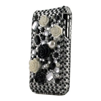 Premium Sparkling Black White Roses Full Diamond Rhinestone Snap-on Hard Skin Shell Case for Apple Iphone 3G, 3GS
