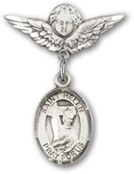 Sterling Silver Baby Badge with St. Helen Charm and Angel with Wings Badge Pin