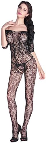Women's Black Lace Floral Open Tight Super Decollete Bodystockings