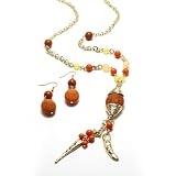 Chain And Bead Necklace Set; 36"L; Gold Metal Chain; Brown, Yellow, And Orange Beads; Lobster Clasp Closure; Matching Earrings Included;