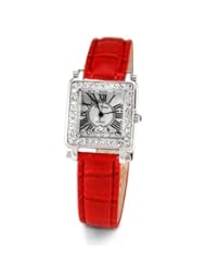 Ladies Red Leather Silver Tone White CZ Wristwatch