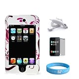 Ipod Touch White with Hot Pink Pomegranate Crystal Case + Mirror Screen Protector + Car Charger + Wristband