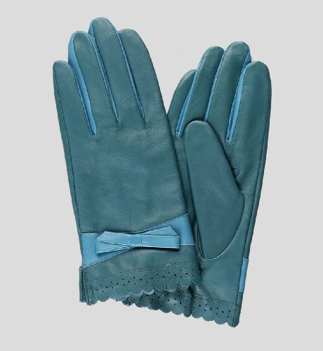 Pure Leather Scallop Trim Bow Gloves