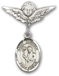 Sterling Silver Baby Badge with St. Dunstan Charm and Angel with Wings Badge Pin
