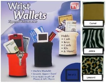 Wrist Wallets- Fleece Zippered Wrist Pouches (Set of 3)- Camel/Zebra/Leopard
