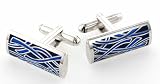 Silver plated oblong cufflinks with blue and black enamel